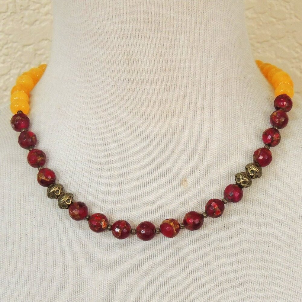 Ruby Red & Mustard Yellow Jade Beaded Simple Strand Necklace